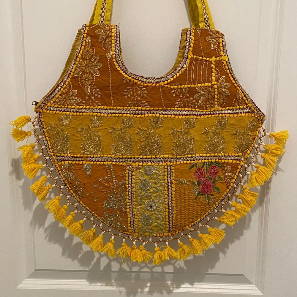 Embroidered Yellow Patchwork Tassel Tote Bag